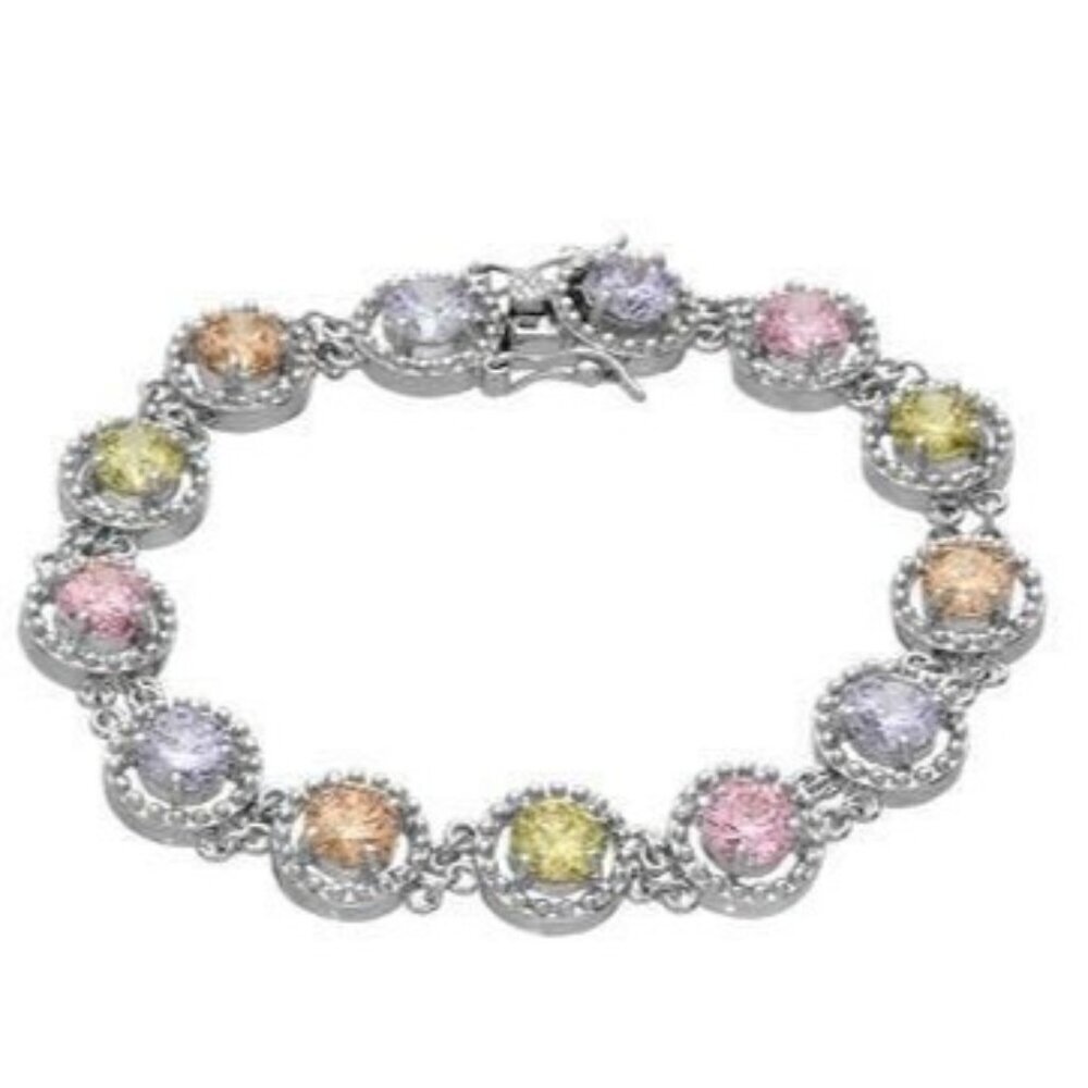 .925 Sterling Silver Multicolor Simulated Gemstone CZ Tennis Bracelet 7"